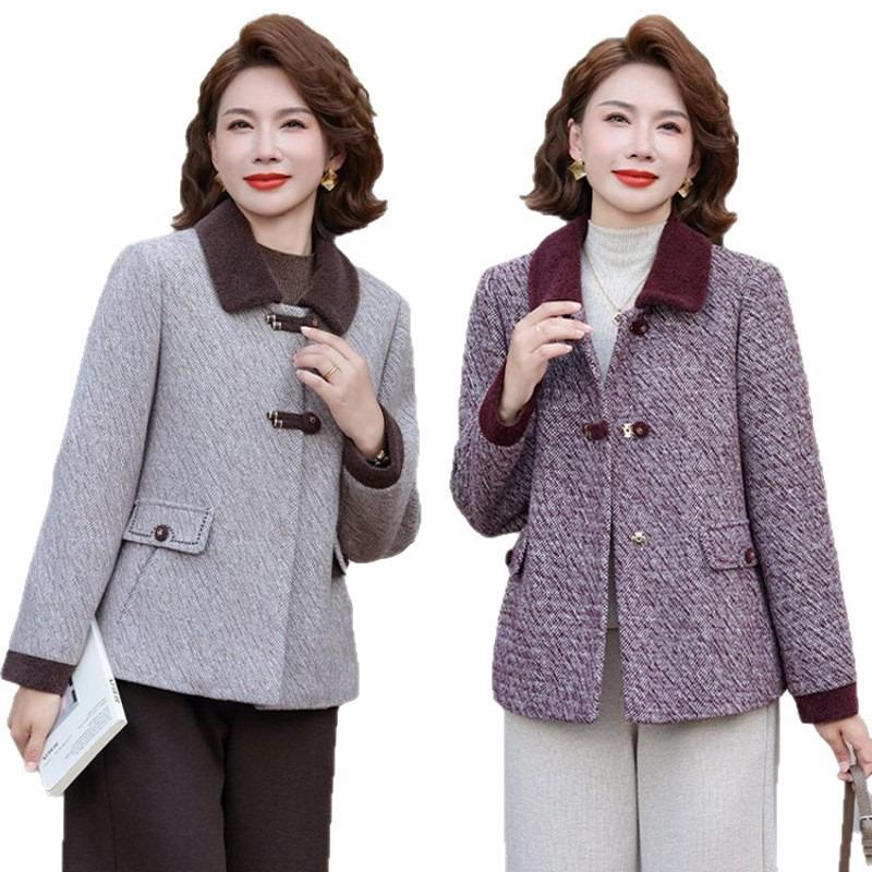 Winter Plush and Thickened Woolen Coat Medium Old Mother Outfit Simple and Versatile Loose Lapel Woolen Top Cardigan