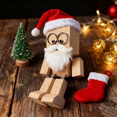 Christmas Shaking Wooden Man Figurine with Santa Hat And Beard Handmade Shaking Feet Wooden Doll with Magnetic Expressions for Car