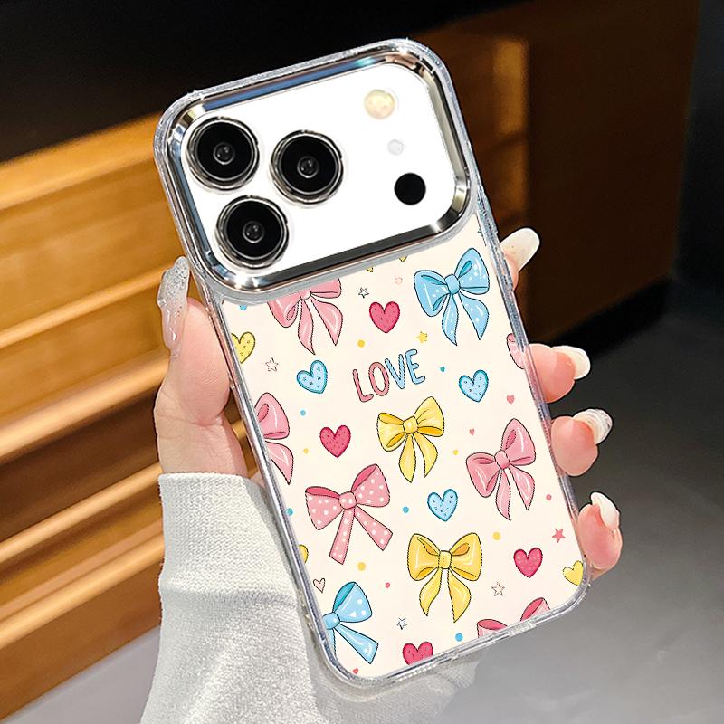 Cute Cartoon Bowknots Print Case For iPhone 17 Pro Max iPhone 16 15 14 13 Pro Max 11 17e 16e Plating Lens Frame Clear Soft Silicone Back Cover