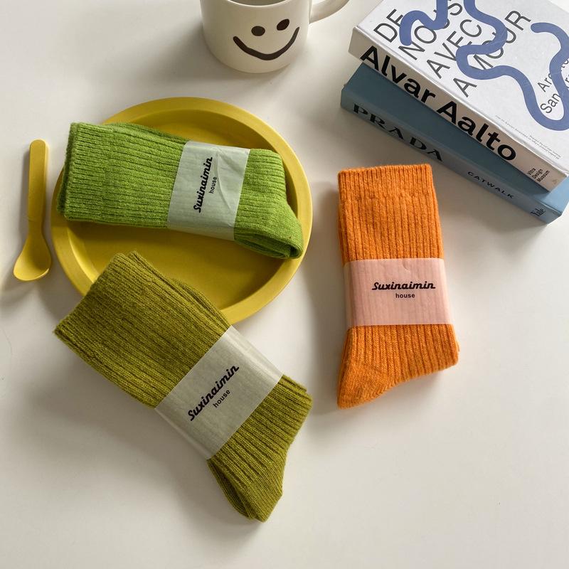 1 Paar Damen Baumwolle Lockere Socken Herbst Winter Strick Einfarbig Lang Schwarz Rosa Koreanisch Japanisch Studentinnen Strümpfe Retro