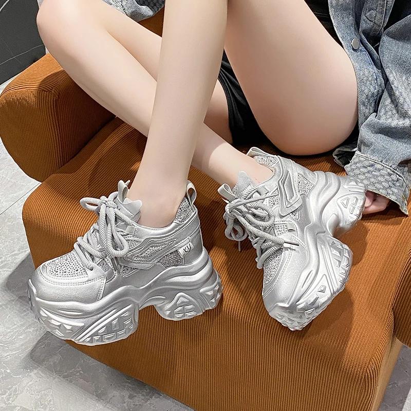 Fashion 11CM Women Casual Platform Sneakers High Heels 2024 New Autumn Sports Leather Shoes Bling Trainers Chunky Sneakers Zapatos Mujer