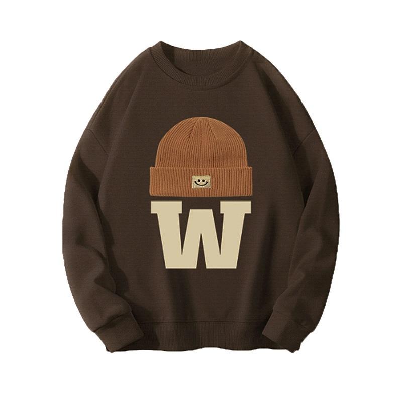 American Retro Style W Print Round Neck Sweatshirt