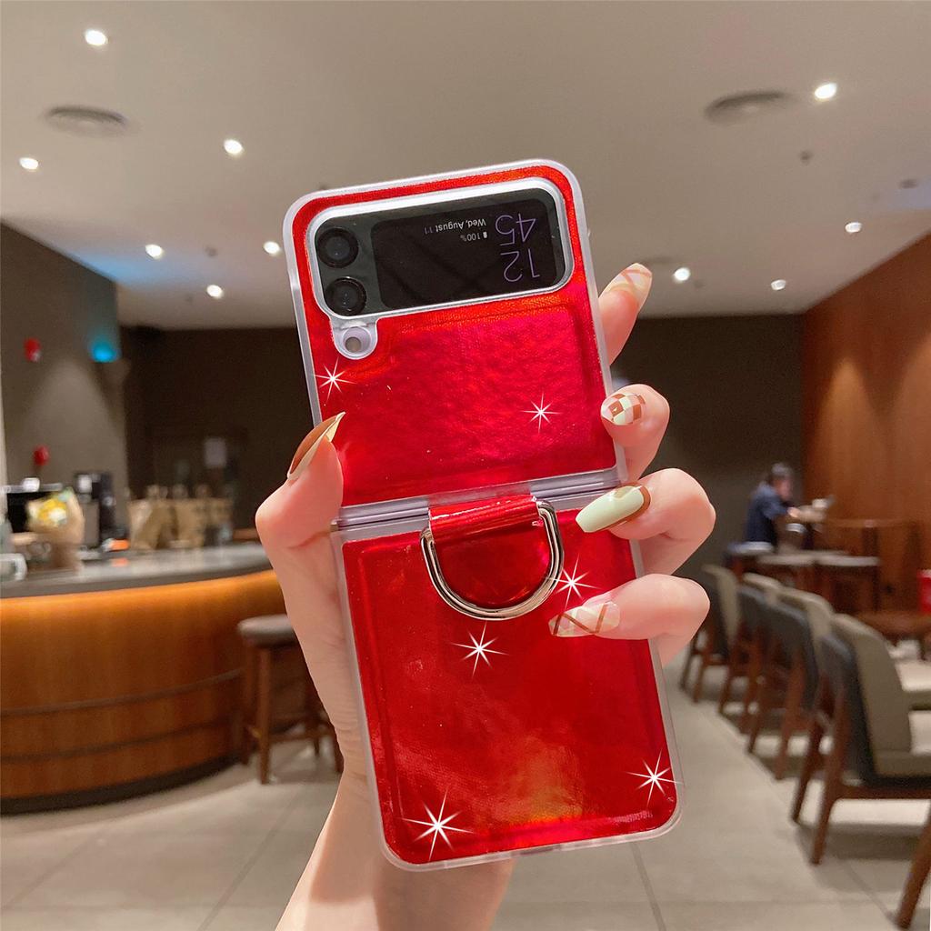 For Samsung Z Flip 4 3 Zflip4 Case Colorful Laser Glitter Ring Bracket Leather Folding Shockproof Silione Back Cover Accessories