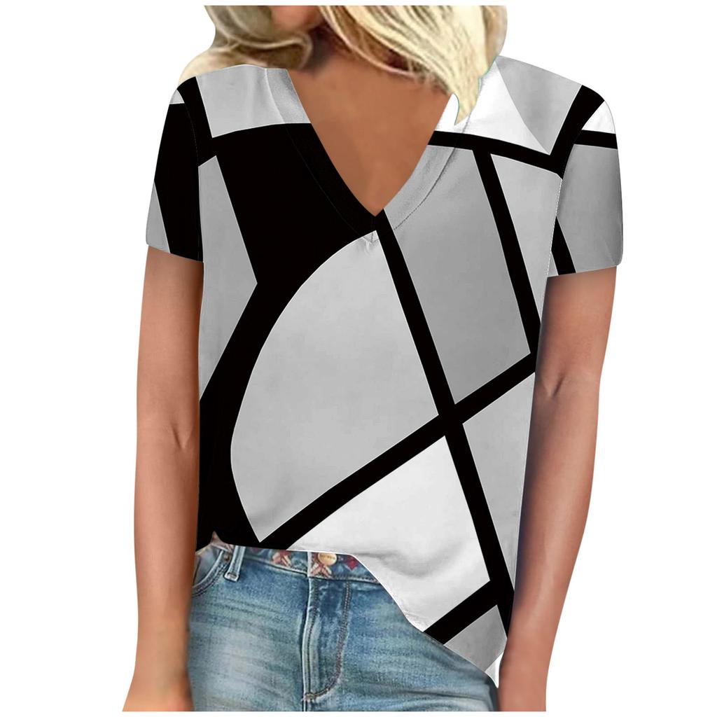 Summer Women's Casual Versatile Color Blocked 3D Printed Slimming Short Sleeved V-neck Short Sleeved T-shirt