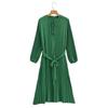 2025 Spring/Autumn Women's Fashion Crew Neck Long Sleeve Belted Pleated Maxi Dress