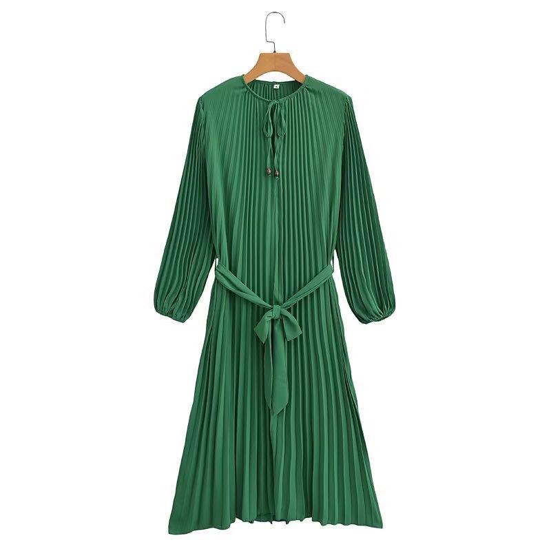 2025 Spring/Autumn Women's Fashion Crew Neck Long Sleeve Belted Pleated Maxi Dress