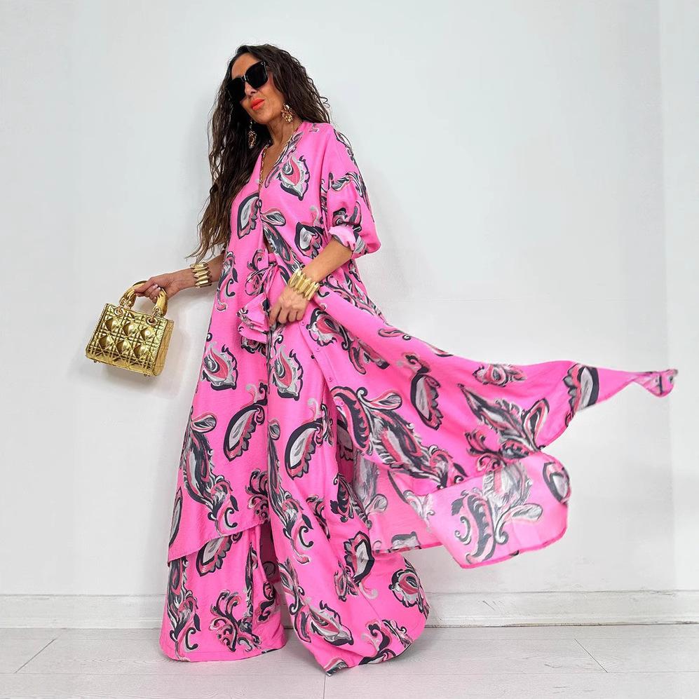2025 Autumn New Women's Lapel Print Medium and Long Top Wide-leg Pants Two-piece Set