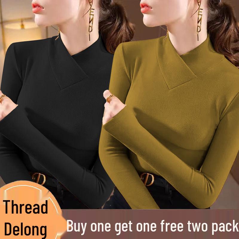 Double-sided Threaded Semi-high Neck Slim-fit Warm Base Layer Top for Women - Autumn/Winter Long-sleeve T-shirt