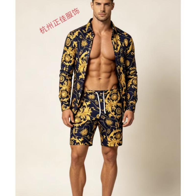 Mens 2 Piece Baroque Print Long Sleeve Shirt And Shorts Set