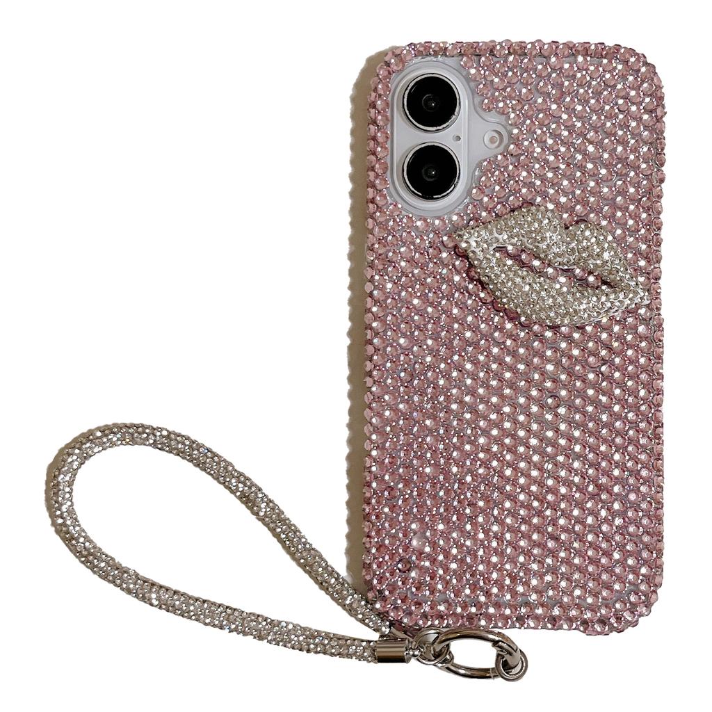 For iPhone 16 Case with Strap Full Rhinestone Lip Decor TPU+PC Phone Back Cover