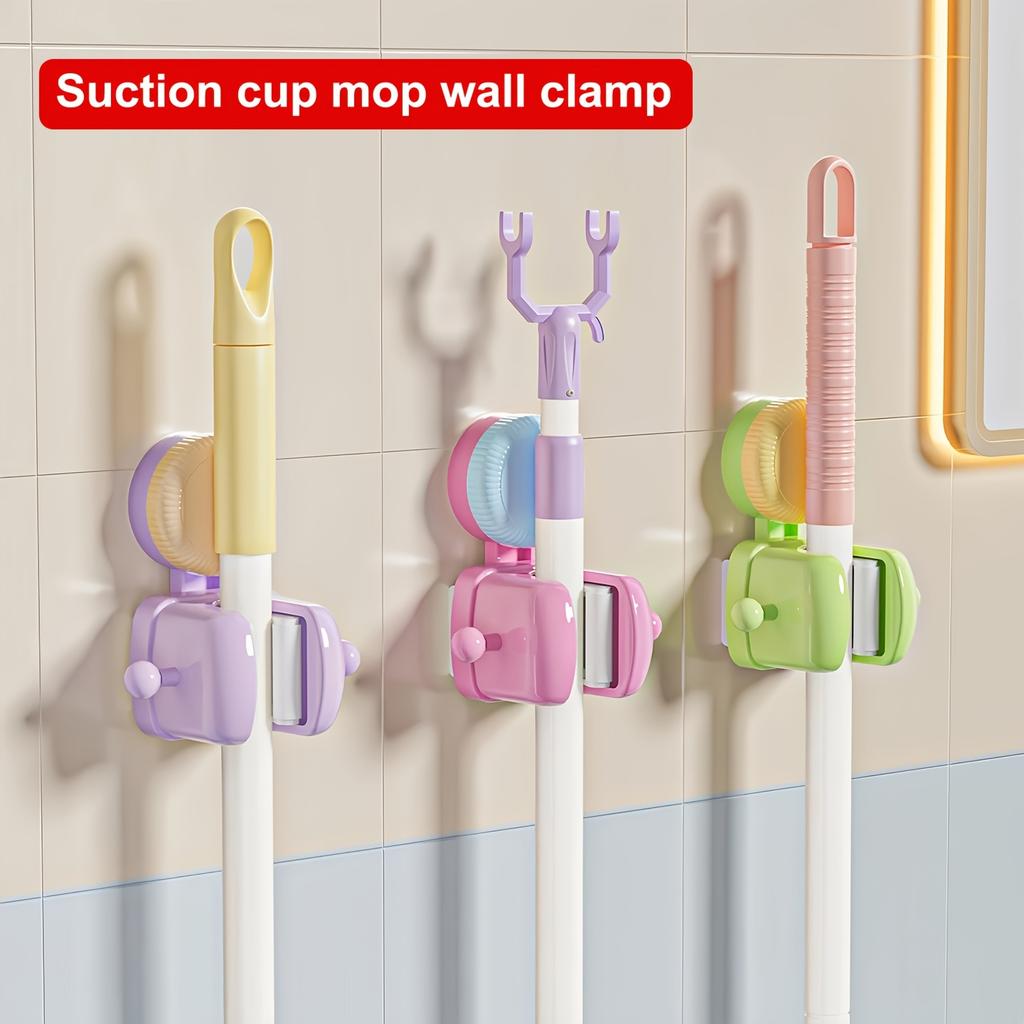 3pcs Dopamine Mop Wall Clamp,Suction Cup,Bathroom Door,Non Perforated Broom Hanging Rack,Hanging Support Reset Shelf, Hook