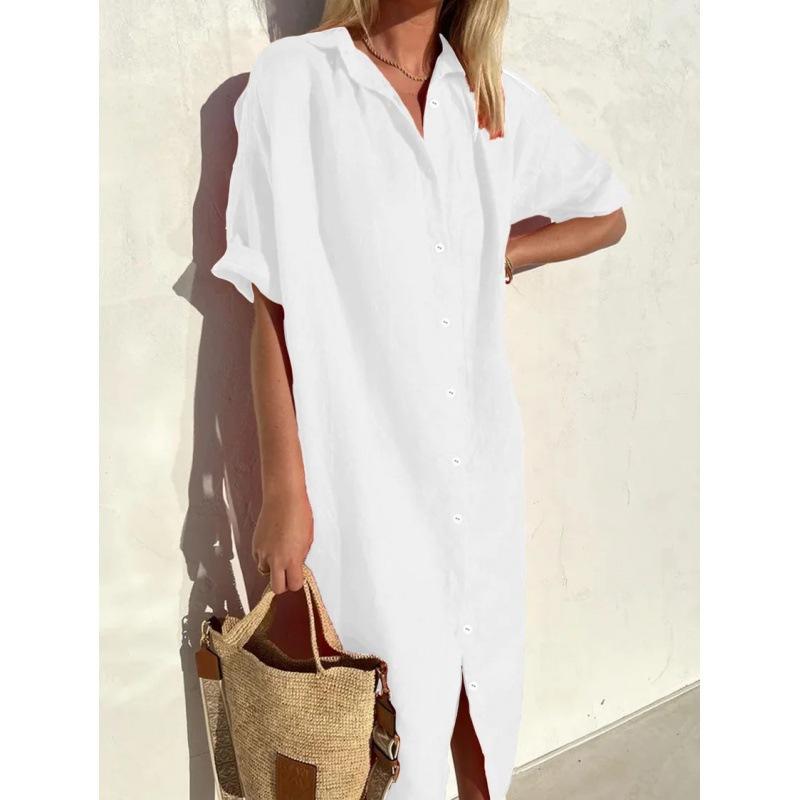 Abito Chemise Midi in Lino da Donna Bottoni Frontali Completi Tasche Laterali Spacco Laterale Oversize Ampia Tunica Traspirante Elegante Copricostume da Spiaggia Vestito Estivo