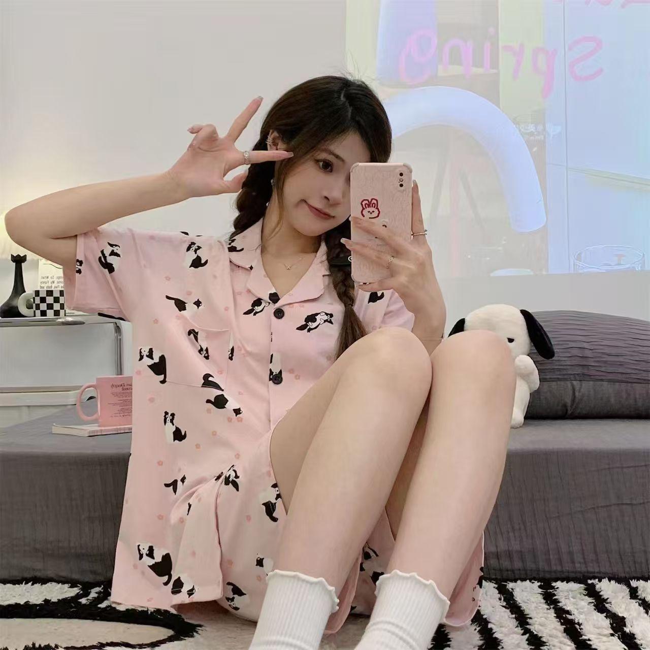 

Sweet princess style pajamas women s summer thin cute puppy short-sleeved shorts set beautiful girl casual loungewear s [recommended weight 35-40kg]