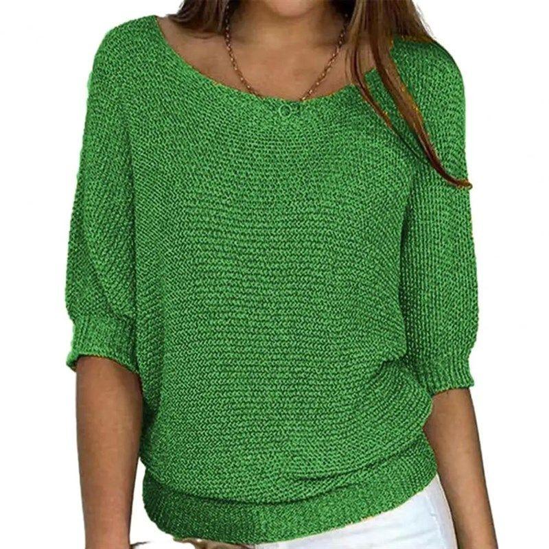 

Women Autumn Winter Solid Color Knitting Sweater O-Neck 3/4 Green XL(XL)