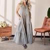 Summer Women Dress Sleeveless A-line V Neck Striped Print Single-breasted Side Pockets Big Swing Buttons Shirt Type Pleated Patc