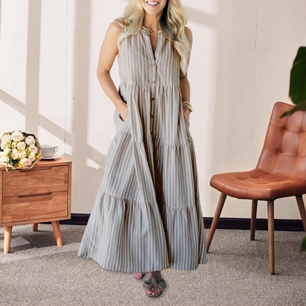 Summer Women Dress Sleeveless A-line V Neck Striped Print Single-breasted Side Pockets Big Swing Buttons Shirt Type Pleated Patc