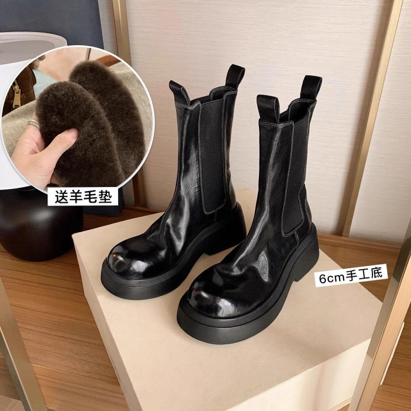 

Shoes Heavy Shrinkage Horse Leather Elastic Platform Heel Short Chelsea Boots 35 чорний