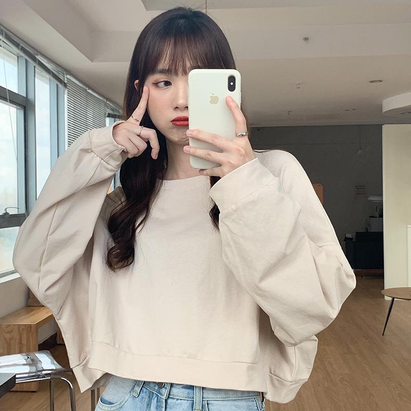 Spring and Autumn Regular Loose Thin Sweatshirt Women's Casual Short Versatile Round Neck Long Sleeve Cotton T-Shirt Women's Clothing