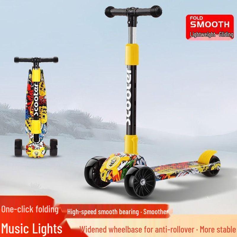 Colorful Folding Scooter with Flashing Music for 2-8 Year Olds - Durable Three-Wheeled Ride-On with Drop-Resistant Handlebar