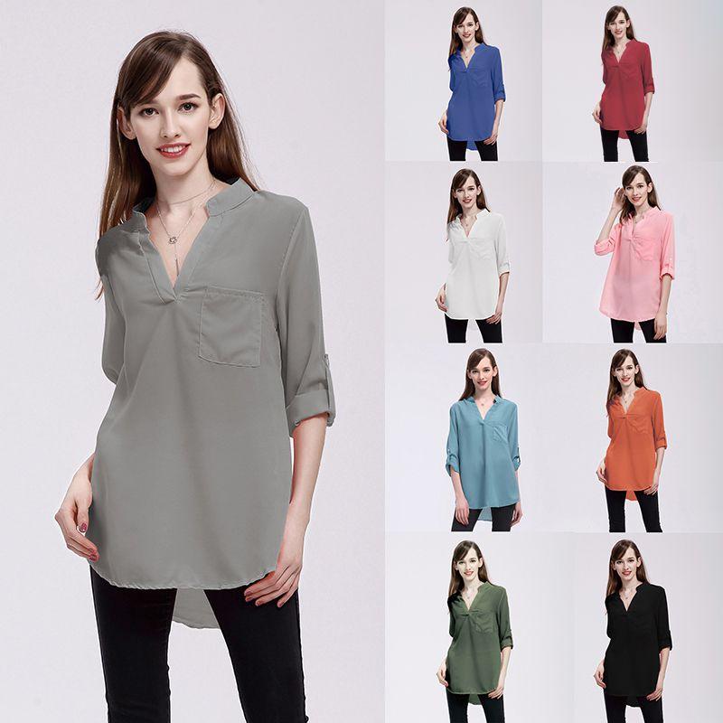 Chiffon Women Blouses Vneck Shirts Long Sleeve Loose Office Casual Spring Lady