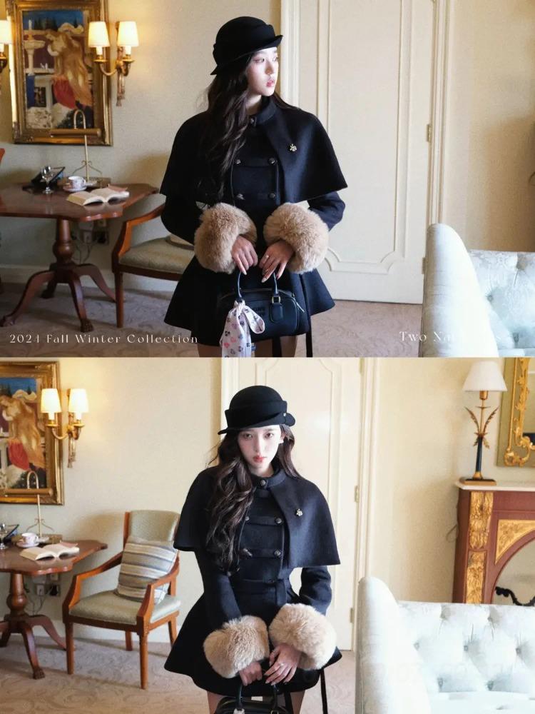 2025 Winter Französisch Vintage Elegant Wollmantel Frau Schwarz Schick Schal Umhang + Retro Locker Trenchcoat Damen Bandage Korea Modedesign Outfits