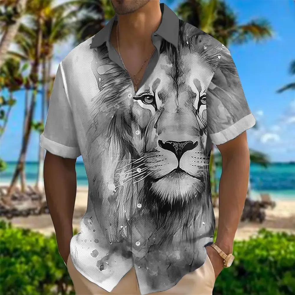 Hawaiian Men's Shirt Animal Print Summer New And Women's Lion Pattern Short Sleeve Loose Large Breathable Top