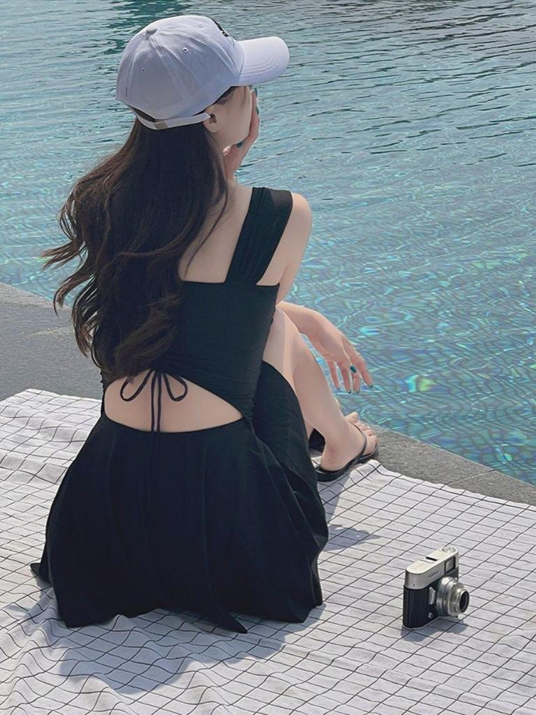 Women's Sexy Sporty Solid Color Strappy One-Piece Swimsuit - Slim-Fit Backless Hot Spring Swimwear