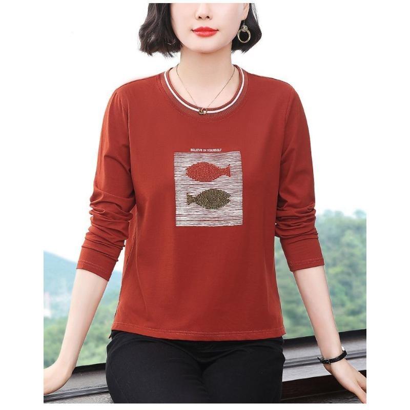Autumn New Middle-aged and Elderly Mothers Hot Diamond Loose Bottoming Long-sleeved Trendy T-shirt Tops for Women