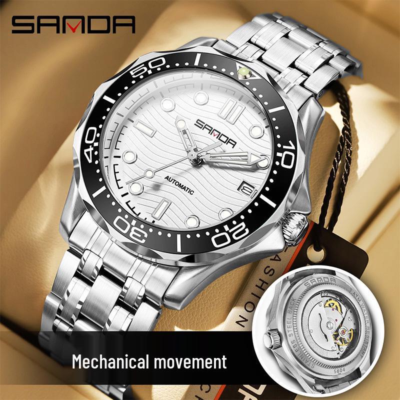 Sanda Men s Mechanical Watch: Solid Steel Band, Luminous, Waterproof, Rotatable Bezel, Calendar.