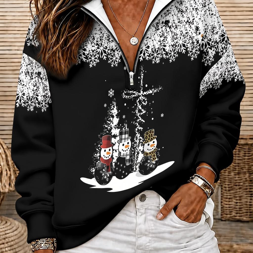 Women's casual sports black and white Christmas snowman full print fashion half-zip sweatshirt