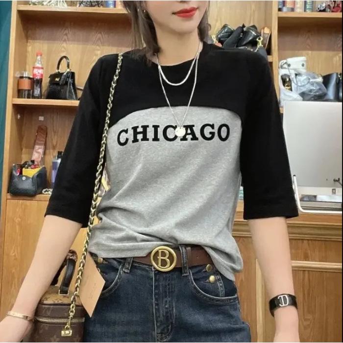 

Женская облегающая футболка со средней длиной рукава и вставками, размер плюс, имитация двух частей, коллекция лето 2025 г. 4XL серый