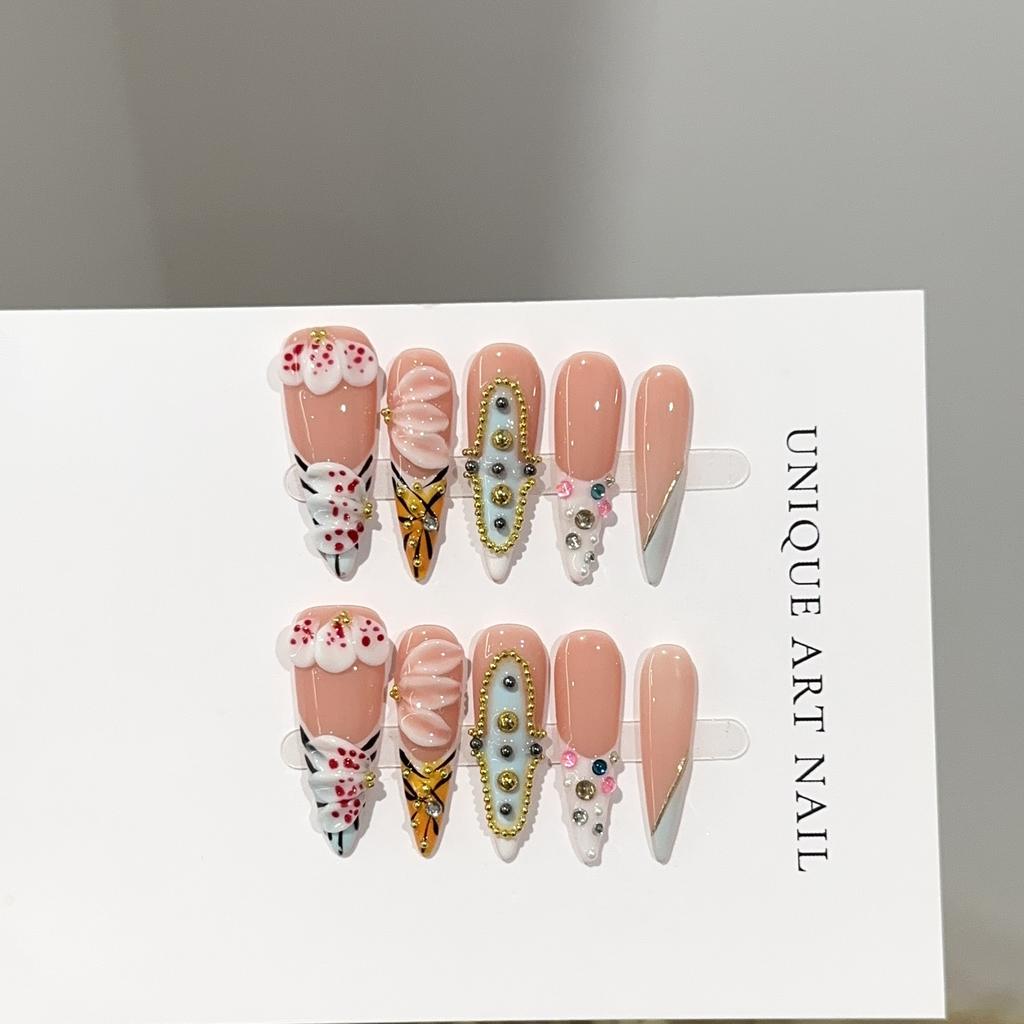 Women Long Pointed Press‑On Nails Pure‑Handmade Pink Hand Painted French 3D Engraved False Nail Patches