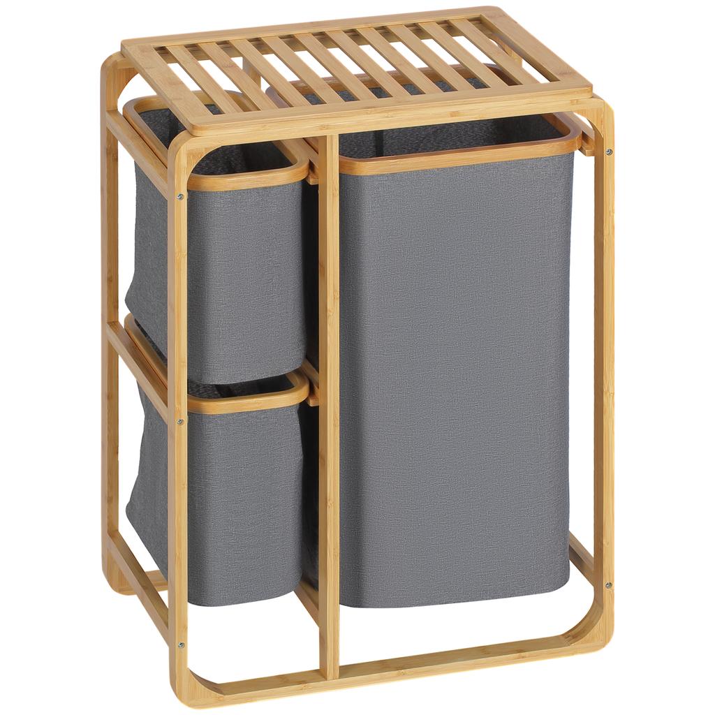 Laundry Basket Made of Bamboo, 3 Removable Baskets 50 cm x 32 cm x 69.7 cm Natural Gray