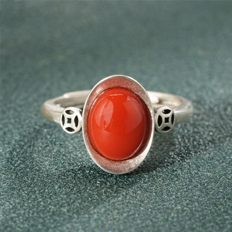 Adjustable Copper Ring With Red Agate Inlay Vintage Chinese Style Boho Jewelry Women Men