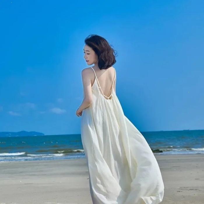 Large Size Seaside Vacation Suspender Fairy Dress Summer Beach New Thin Backless Long Dress Slightly Transparent Suspender Skirt