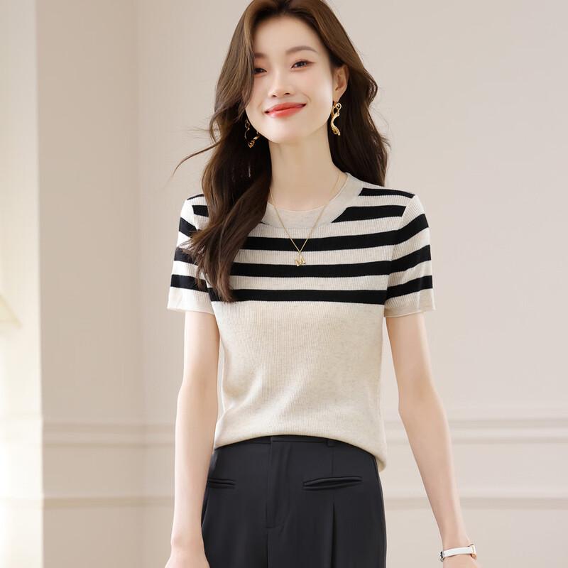 Petite Striped Wool Blend Short-Sleeve Knit Top