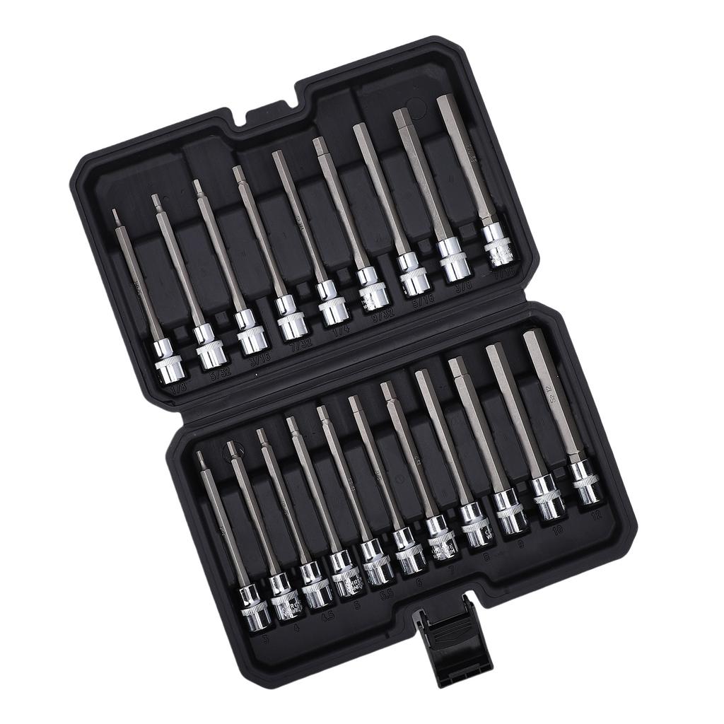 20 Piece 3 8 Inch Drive Extra Long Hex Bit Socket Set Metric 3 12mm SAE 1 8 7 16 Inch Hex Socket Set for Machinery
