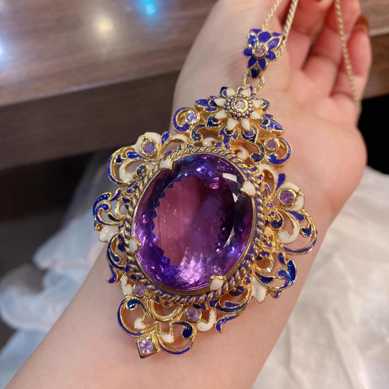 Vintage gilt enamel imitation natural amethyst ring and pendant set - royal style gemstone necklace