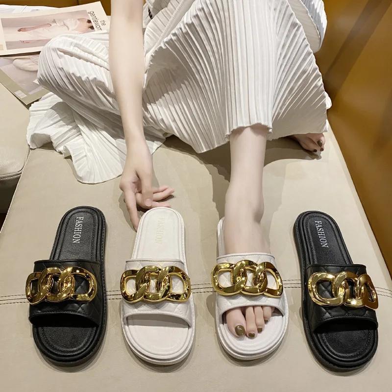 Fashion Luxury Summer New Sandals Women's Chain Links Korean Version Outdoor Wear Home and Indoor Personalized Beach Shoes