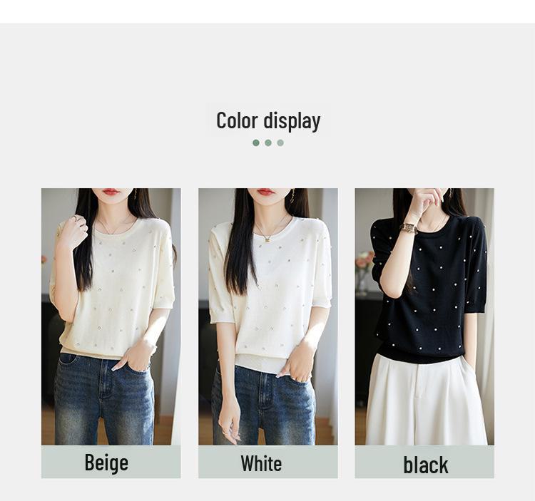 Damski zakrzywiony sweter dzianinowy z okrągłym dekoltem zdobionym koralikami - Krótki rękaw, wysokiej klasy letni top