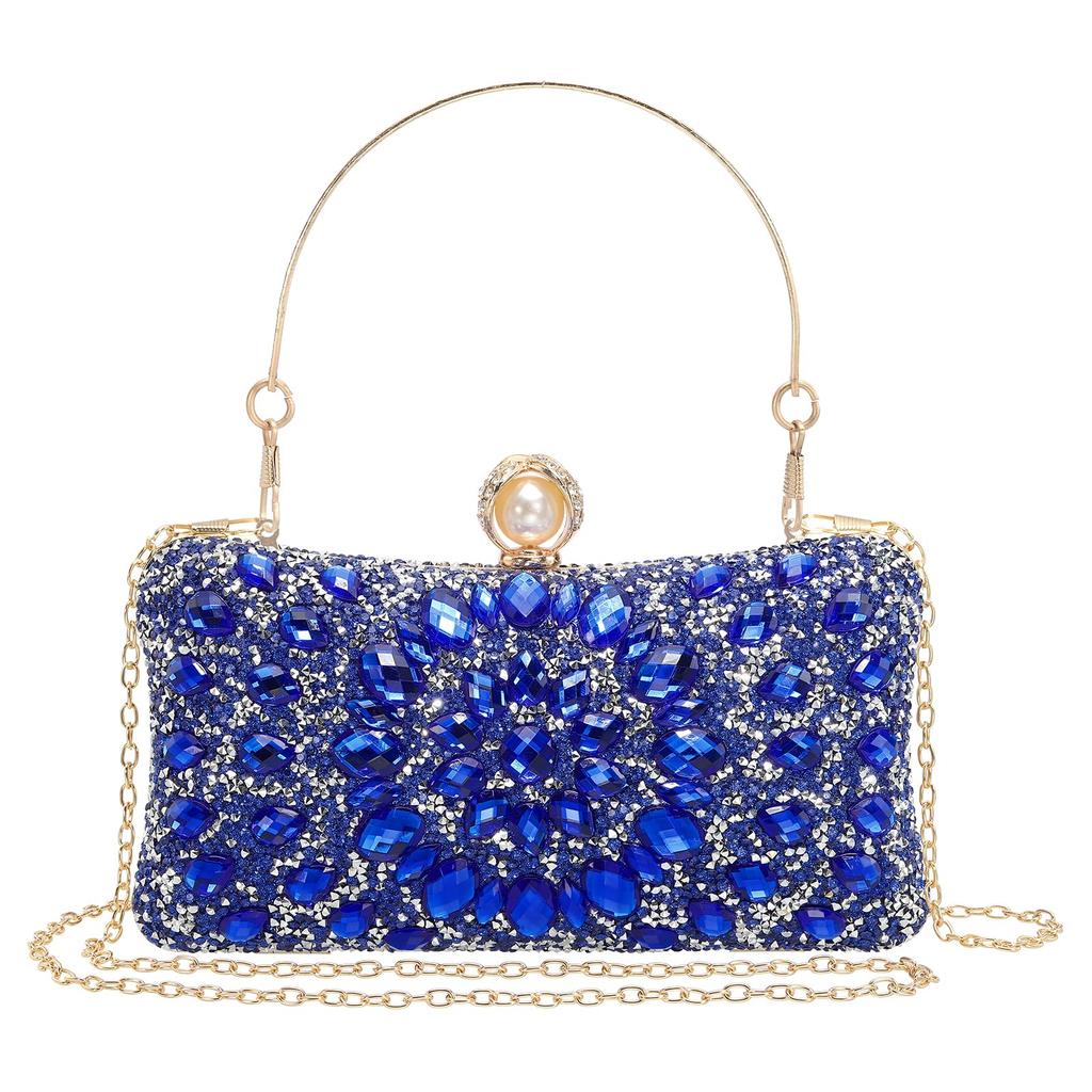 uxcell Women's Sparkling Crystal Rhinestone Evening Clutch Bag with Two Chain Straps, Blue, for Weddings, Evenings, and Weekends