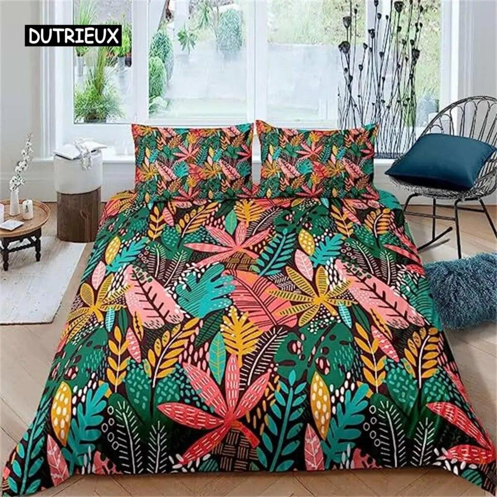 Palm Leaves Duvet Cover Banana Leaves Duvet Cover Hawaiian Tropical Leaves Bedding Set Green Leaves Branches Quilt Cover Women  Three-piece Set