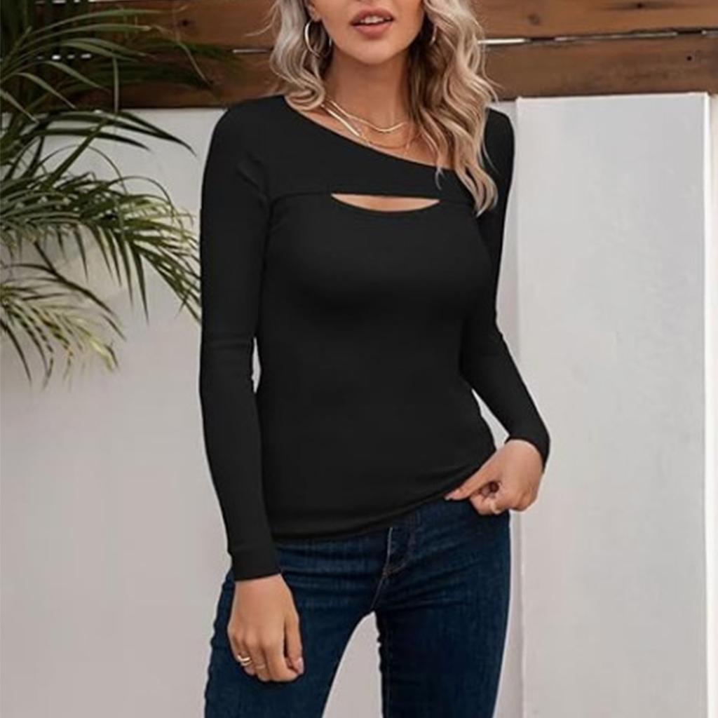 Women's Fashion Solid Color Long Sleeved Sexy Slim Fit T-shirt Hollow Top Bottom