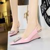 Fashion Patent Leather Shallow Mouth Pointed Toe Hollow Back Strap High Heels Shoes Rhinestone Buckle Wedges  Lady Pumps