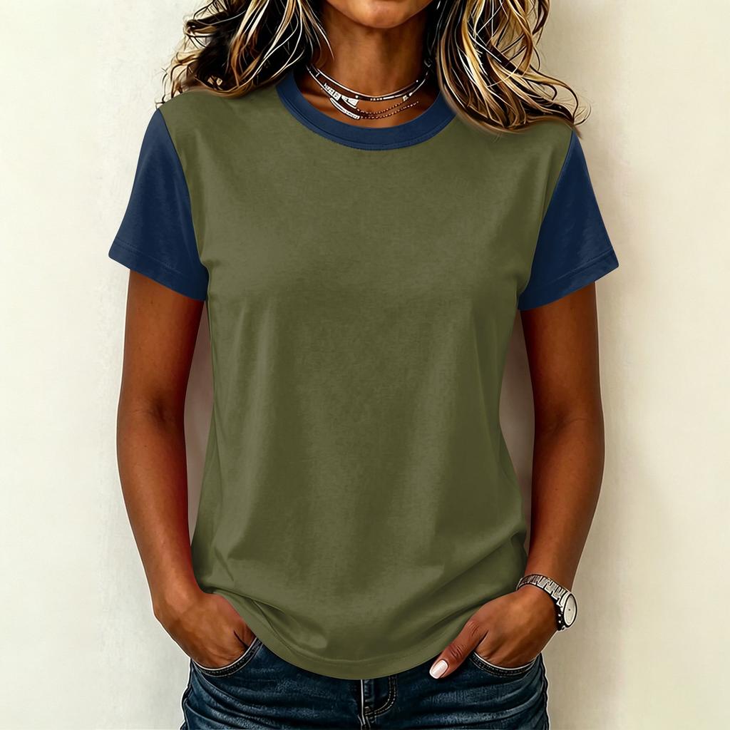 Women’s Casual Crew Neck Short Sleeve Pullover T Shirt Stitching Loose Fit Basic Top for Daily Wear