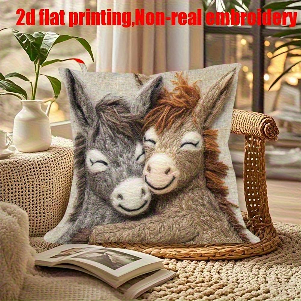 2D flat-Cute Couple Donkey Throw Pillow Cover Warm Farmhouse Animal Decorative Pillow Case Living Room