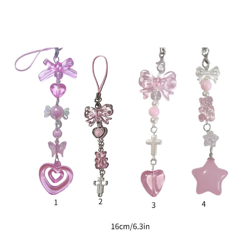 Stylish Heart Pendant Phone Lanyard Trendy Bowknot Candy Pendants Y2k Style Keychain Phone Charm Straps Ornaments