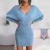 Autumn Winter Sexy Cross V Neck Batswing Sleeve Solid Color Wrap Hip Woolen Knit Dress