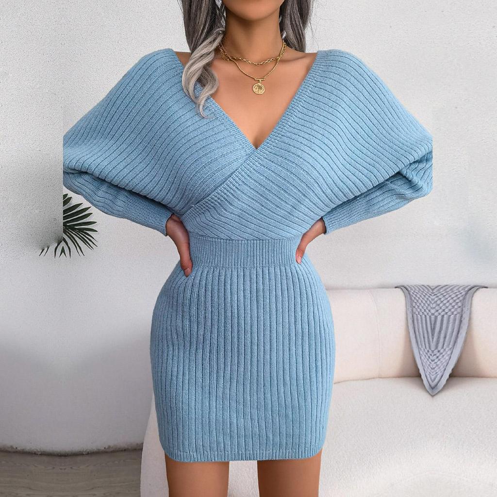 Autumn Winter Sexy Cross V Neck Batswing Sleeve Solid Color Wrap Hip Woolen Knit Dress