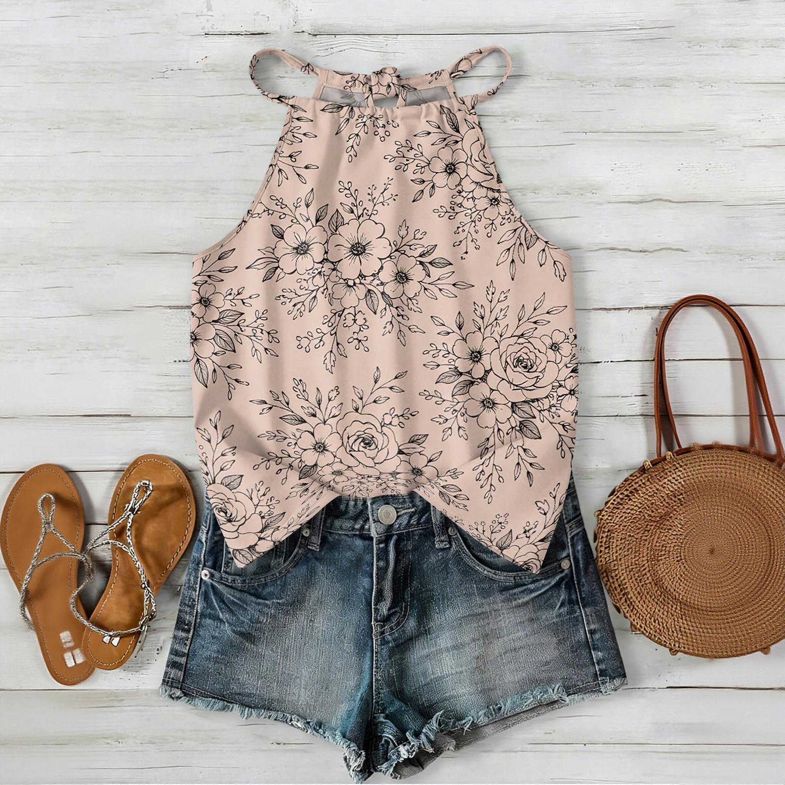 

Bohemian Floral Print Sleeveless Tank Top Lightweight Summer Casual Loose Fit Blouse with Adjustable Straps for Women XL рожевий